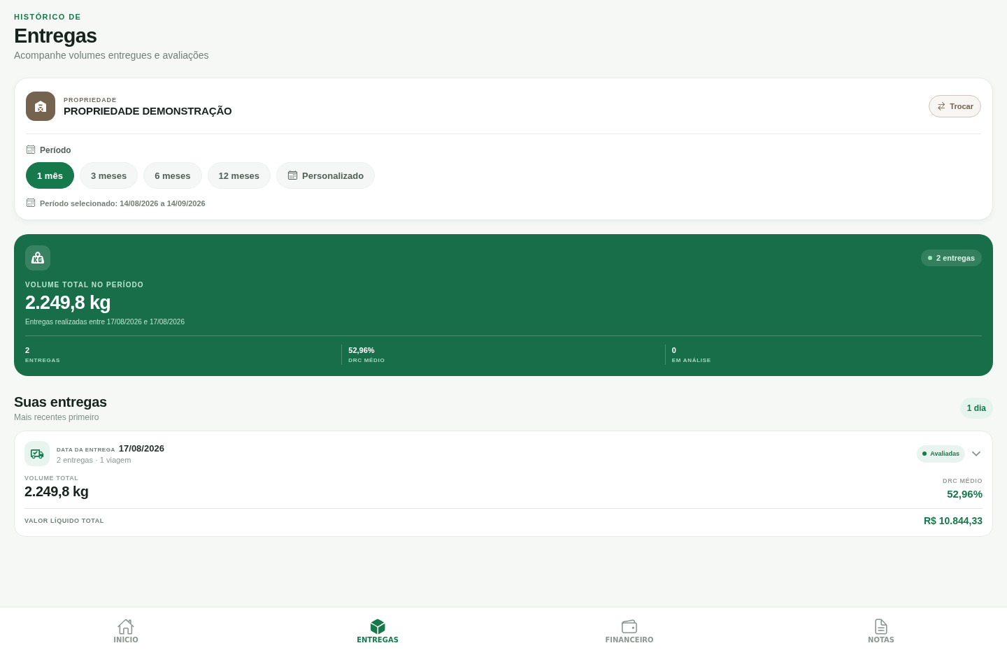 Tela web de entregas com volumes e avaliações