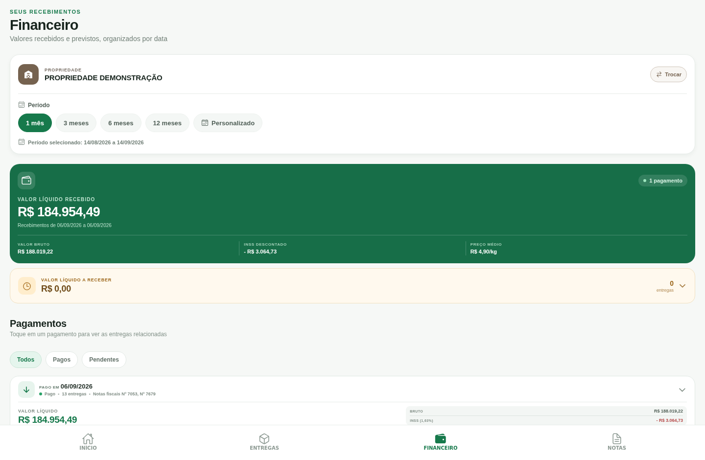 Tela web financeira com valores recebidos, descontos e notas relacionadas